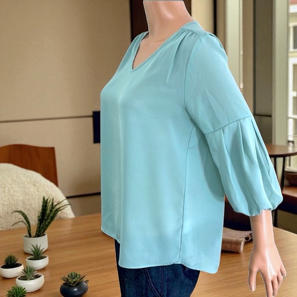 Pink Rose Sage Green V-Neck Balloon 3/4 Sleeves Blouse - Picture 9 of 13